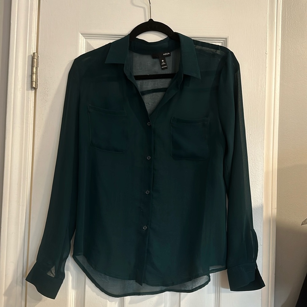 AQUA Emerald sheer pocket front blouse